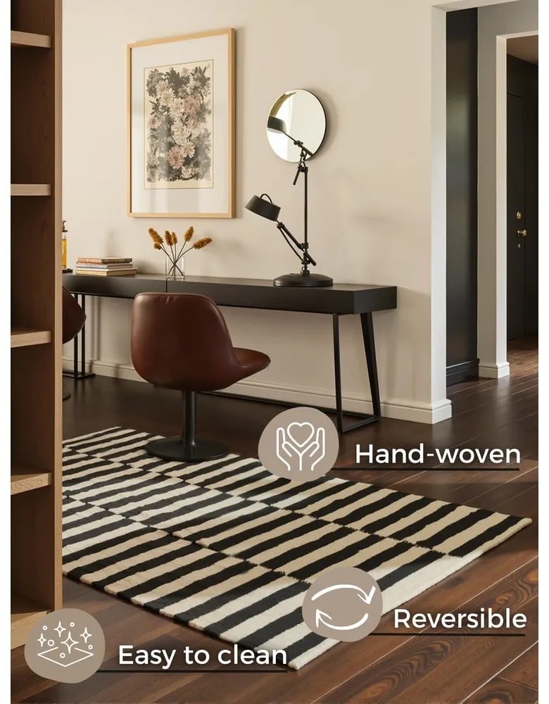 Čierno-biely obojstranný ručne tkaný vlnený koberec 160x230 cm Donna – Hanse Home