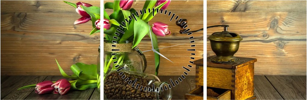 Obraz - tulipány, mlynček a káva (s hodinami) (90x30 cm)
