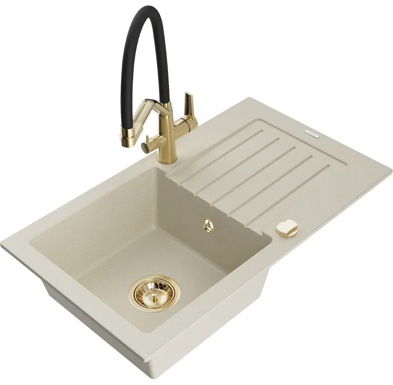 Mexen Pablo, granitový drez 752x436x161 mm, 1-komorový a drezová batéria Duo, béžová, 6510-69-671701-57-G