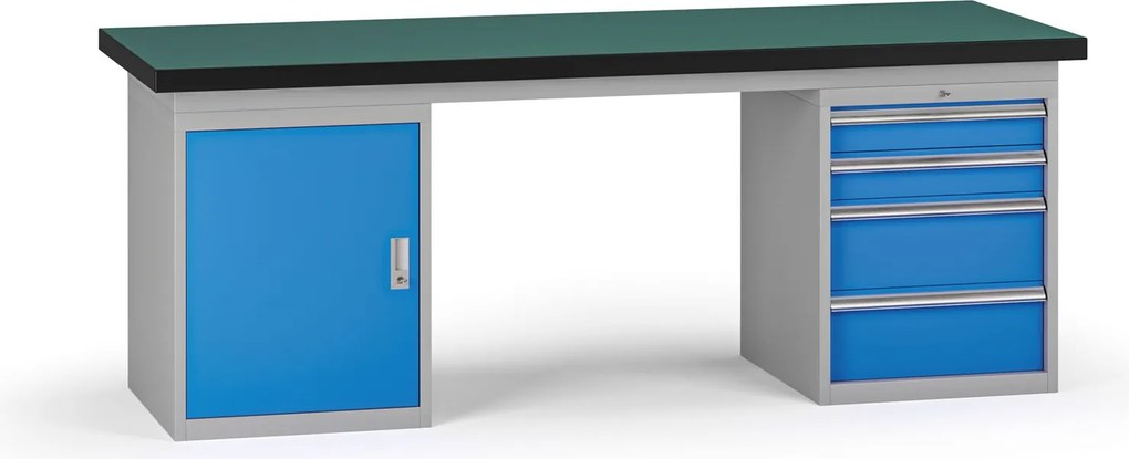 Pracovný stôl do dielne G8, 2100 x 750 x 800 mm, 1x skrinka, 1x kontejner, 4 zásuvky, modrá