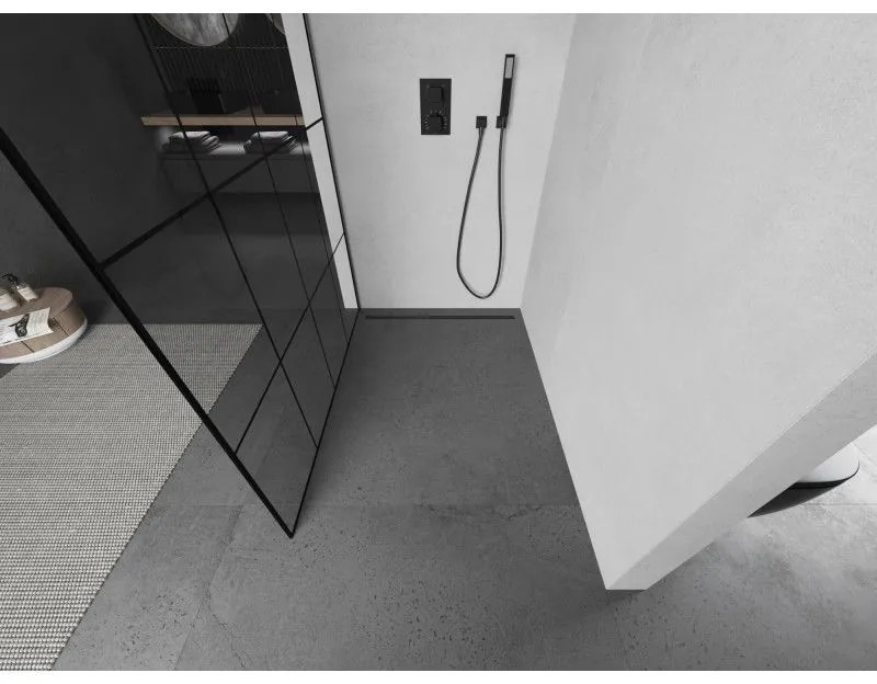 Mexen Kioto, sprchová zástena Walk-In 130 x 200 cm, 8mm číre sklo čierny vzor, grafitový profil, 800-130-101-66-77