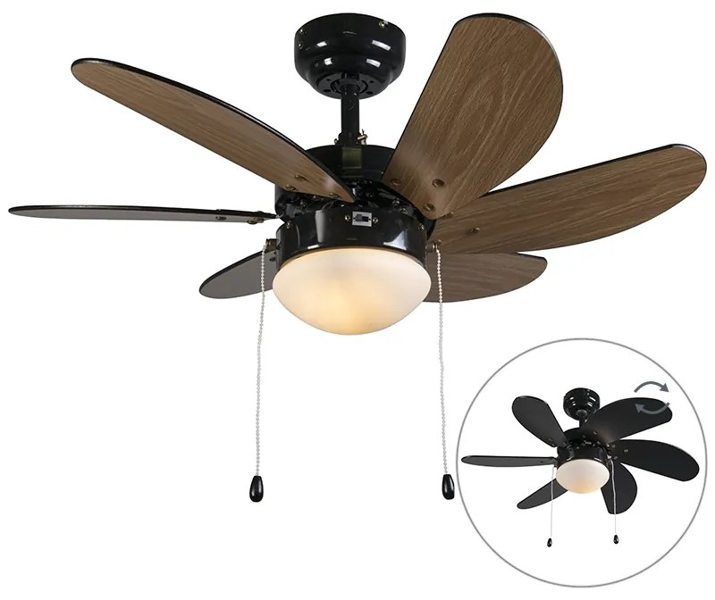 Stropný ventilátor čierny s drevenou potlačou 80 cm so šnúrkou - Fresh