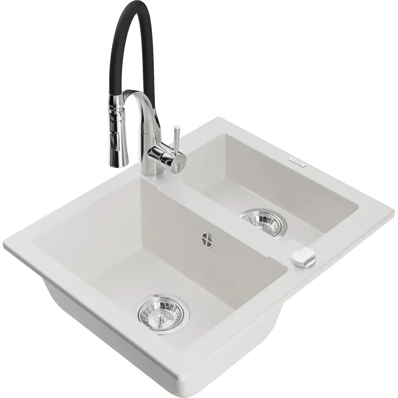 Mexen Carlos, 1,5-komorový granitový drez 582x475x177 mm a drezová batéria Aster, biela, 6518-20-73450-07