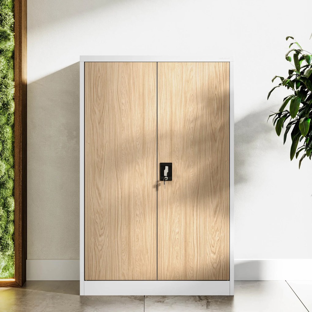 Kovová kancelárska skriňa s 3 policami, nízka, biela/dub Sonoma, 900x1400x400 mm: KEVIN Eco Design