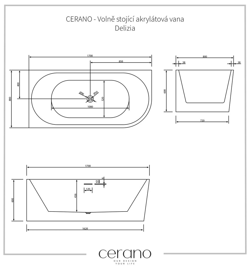 Cerano Delizia, voľne stojaca akrylátová vaňa 170x80 cm, ľavá, čierna-biela, CER-CER-413606
