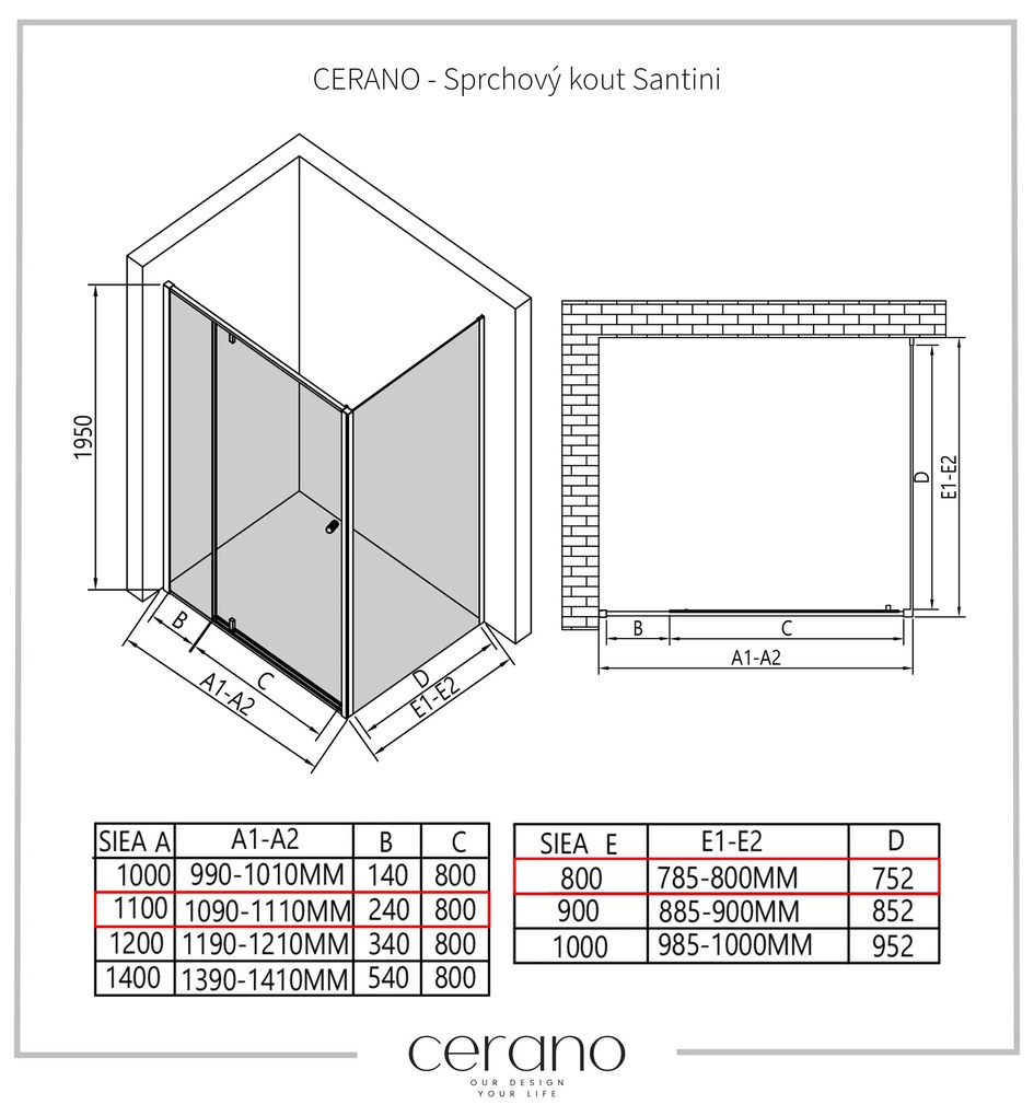 Cerano Santini, sprchovací kút 110(dvere) x 80(stena) x 195 cm, 6mm číre sklo, čierny profil, CER-CER-428977