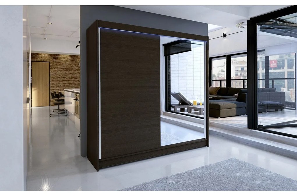 Šatníková skriňa s posuvnými dverami Bar I, Farby: biely / dub artisan, Osvetlenie: osvetlenie LED RGB - farebné