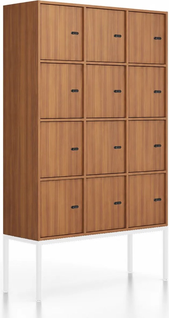Kancelárska skriňa FRAME, biela podnož, 12x dvere, 1299 x 450 x 2185 mm, mechanický kódový zámok, orech