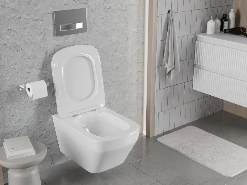 Mexen Riva, závesná WC misa 555x370x335 mm, Rimless Tornádo + WC sedadlo z duroplastu, biela lesklá, 30630200T