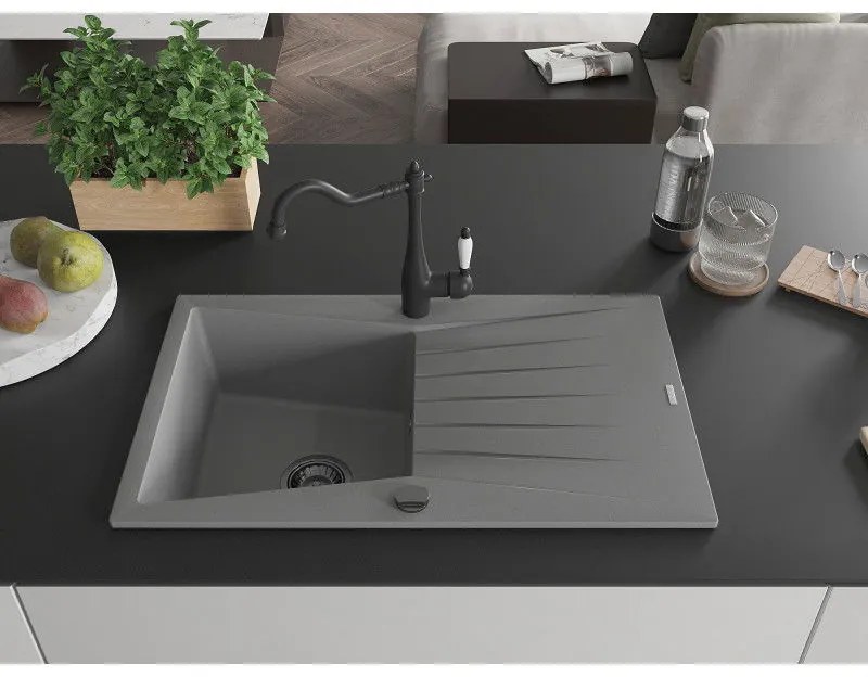 Mexen Cesar, 1-komorový granitový drez 775x470x190 mm a drezová batéria Carla, šedá, 6514-71-670700-70-B