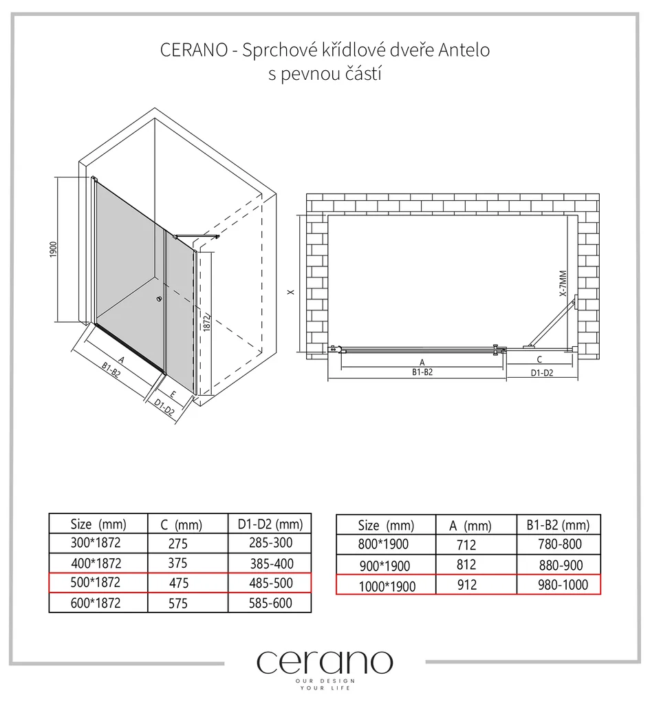 Cerano Antelo, 1-krídlové sprchové dvere s pevnou časťou 100(dvere) x 50(stena) x 190 cm, 6mm číre sklo, čierny profil, CER-CER-435824