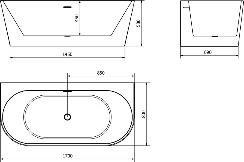 Mexen Oval+, voľne stojaca vaňa ku stene 170 x 80 cm, biela lesklá, brúsený grafit prepad, 52681708000-66
