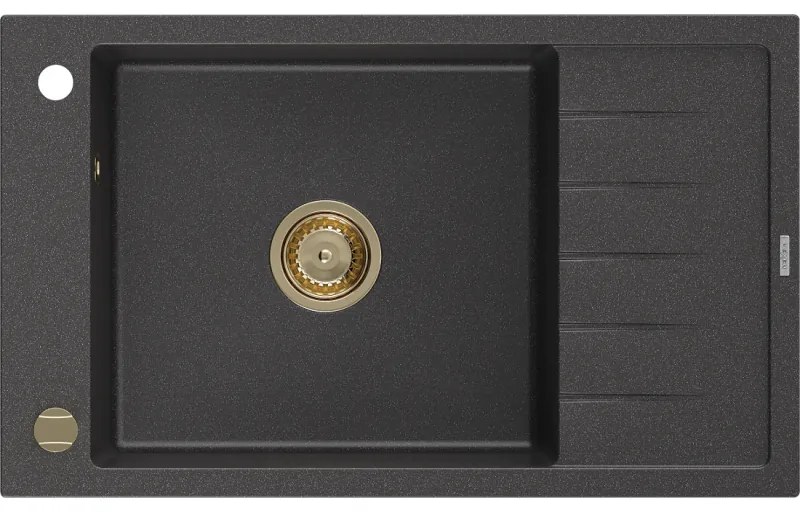 Mexen Elias, granitový drez granitový 795x480x200 mm, 1-komorový, čierna škvrnitá so zlatým sifónom, 6511791005-76-G