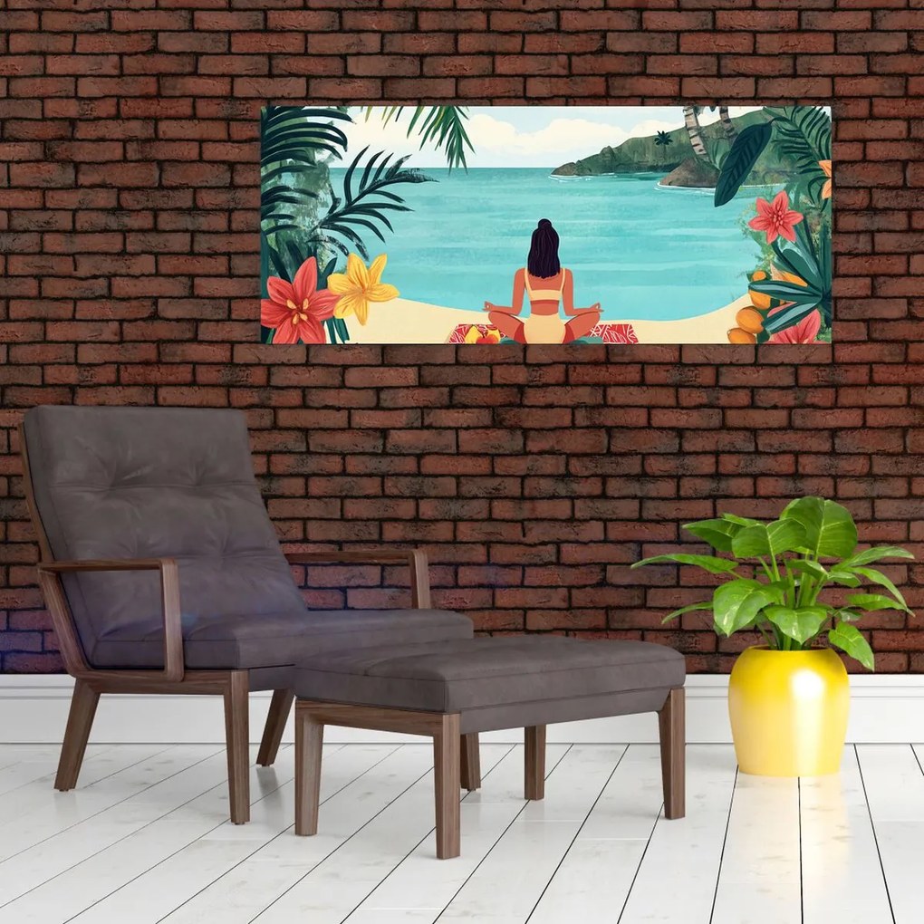 Obraz - Jogínka na pláži (120x50 cm)