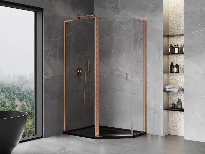 Mexen Mist L, päťuholníkový sprchový kút s krídlovými dverami, 100 x 80 cm, 8mm číre sklo, medený profil, 8A8L-100-080-65-00