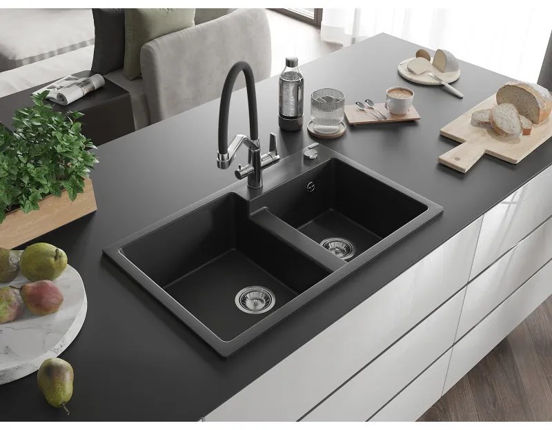 Mexen Tomas, 2-komorový granitový drez 800x500x190 mm a kuchynská batéria Duo, čierna, 6516-77-671701-07