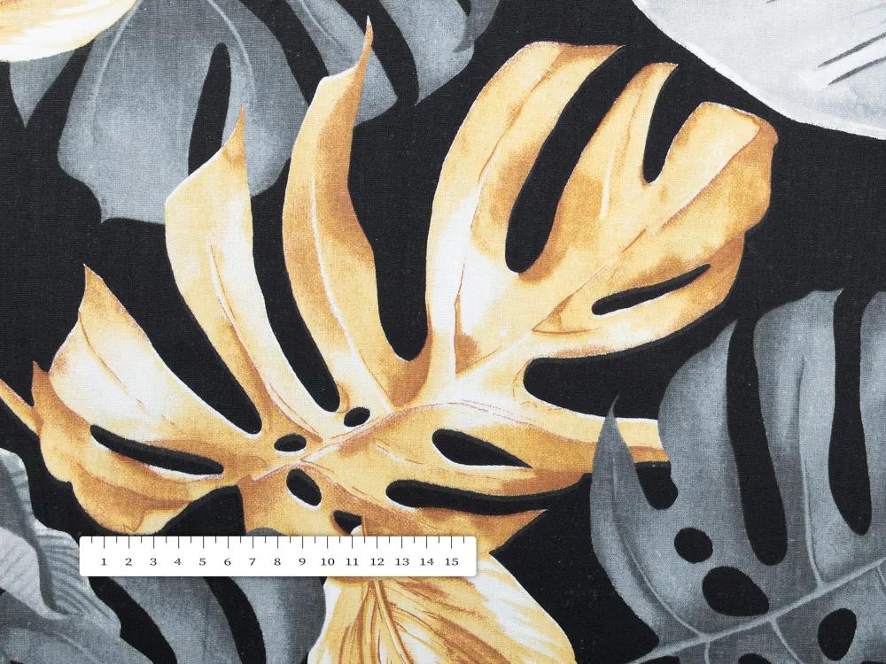 Biante Bavlnený oválny obrus Sandra SA-228 Sivé a zlaté tropické listy na čiernom 100x140 cm