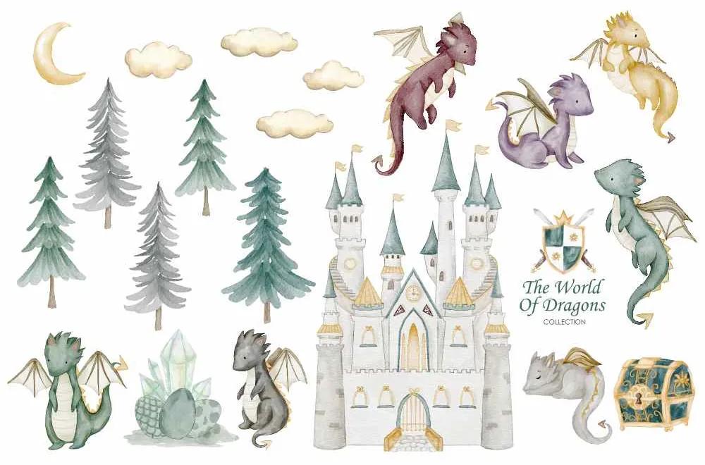 Gario Detská nálepka na stenu The world of dragons - draci, vajíčka, zámok, poklad a diamanty