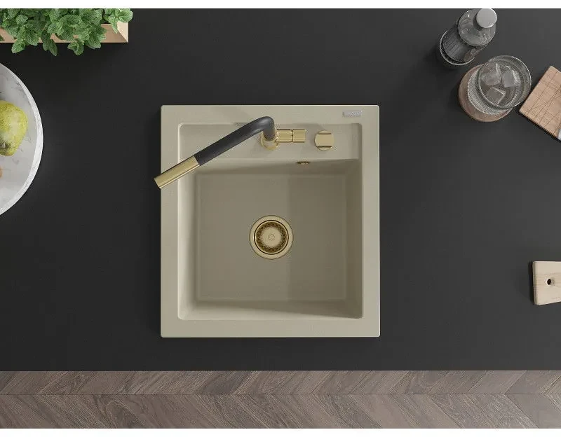 Mexen Vito, 1-komorový granitový drez 490x520x210 mm a drezová batéria Flora, béžová, 6503-69-670401-57-G