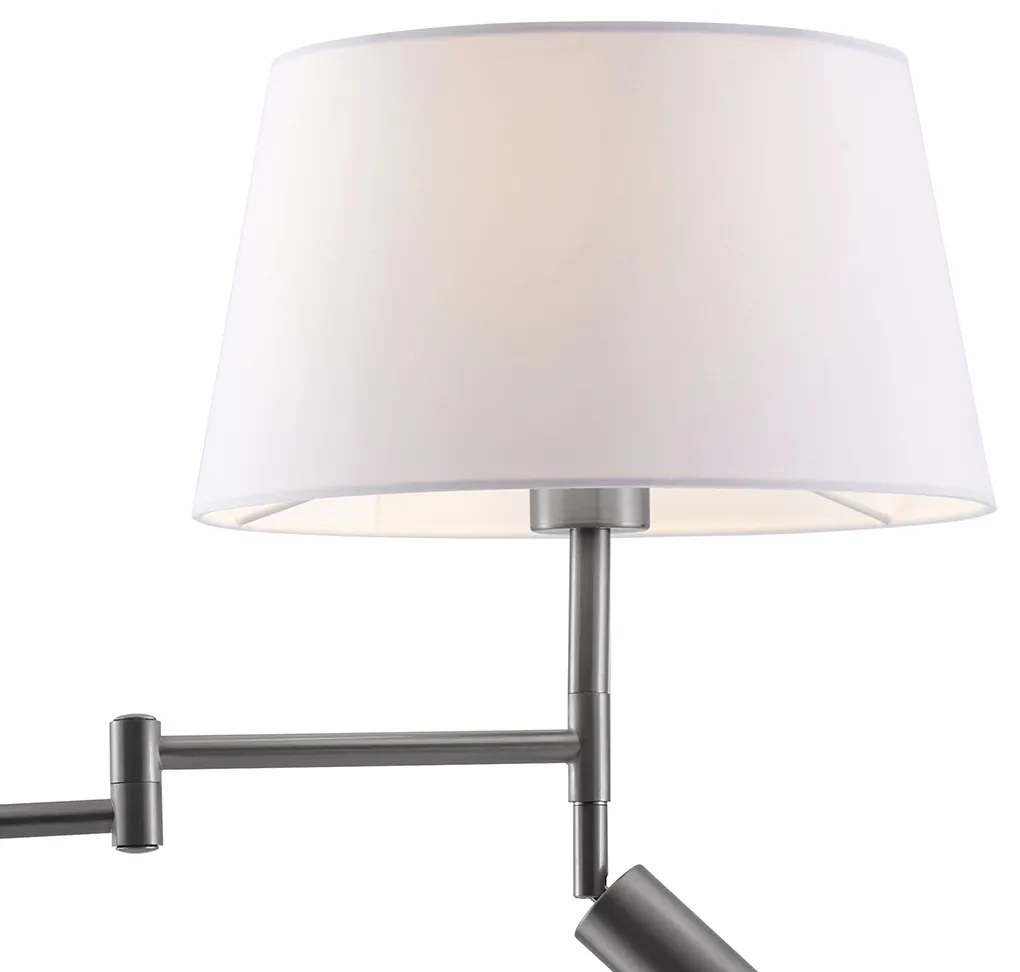 Stojaca lampa z ocele s bielym tienidlom a nastaviteľným svetlom na čítanie - Ladas