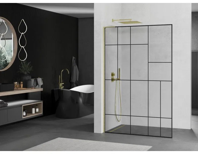 Mexen Kioto L, sprchová zástena Walk-In 110 x 200 cm, 8mm číre sklo čierny vzor, zlatý matný profil, 800-110-103-55-78
