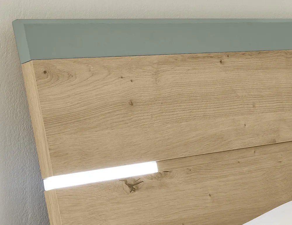 Posteľ s nočnými stolíkmi Savina 180x200 cm, dub artisan/šalviová, s osvetlením