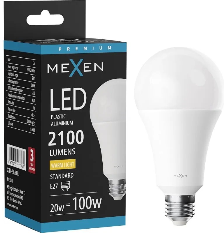 Mexen Nova, LED žiarovka E27, A70, 20W, teplá - 3000K, 2100 lm - L100-E27-2030-01
