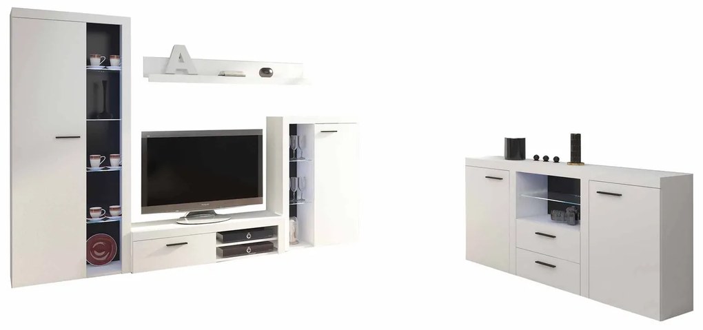 Obývacia stena Rodos s komodou, Farby: béžová piesková, Osvetlenie: osvetlenie LED