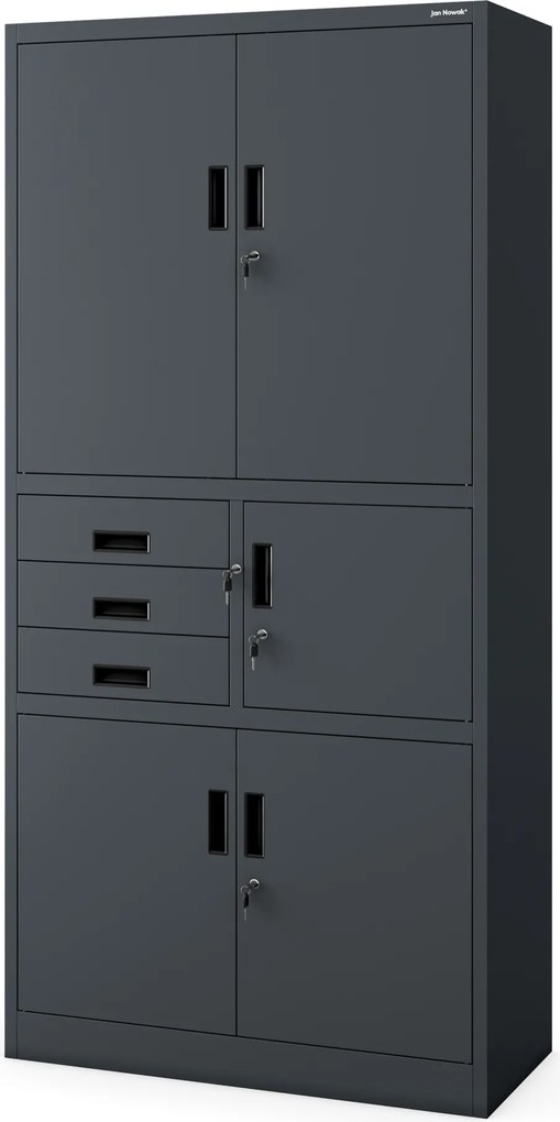 Kovová spisová skriňa so zásuvkami a trezorom FILIP II, 900 x 1850 x 400 mm, antracitová