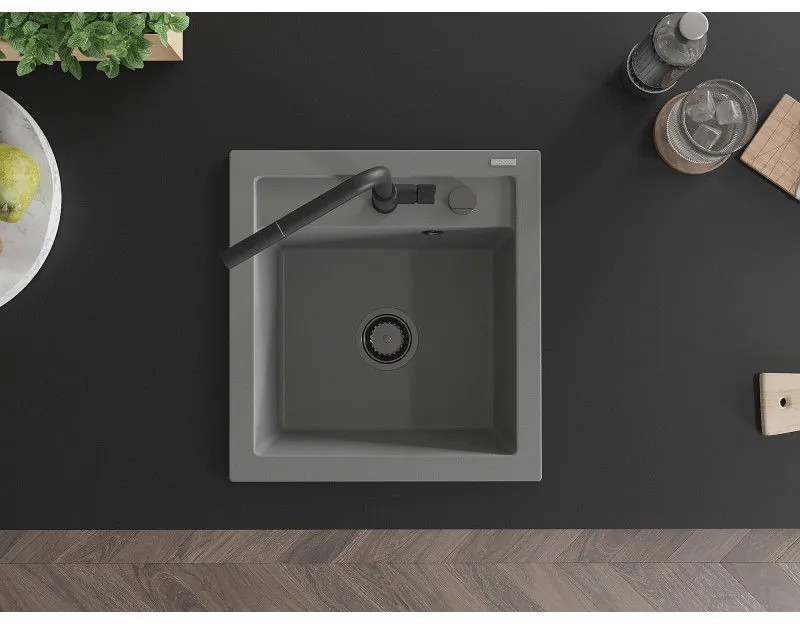 Mexen Vito, 1-komorový granitový drez 490x520x210 mm a drezová batéria Flora, šedá, 6503-71-670401-70-B