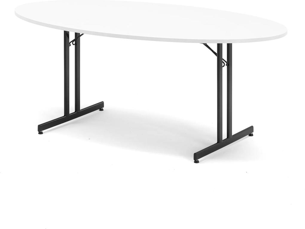 Skladací rokovací stôl Emily, oválny, 1800x1000 mm, biela/čierna