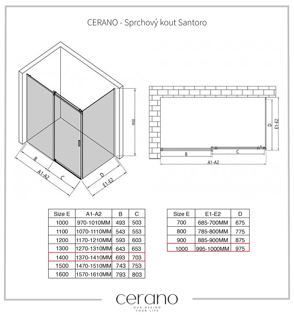 CERANO - Sprchovací kút Santoro Ľ/P - 8 mm - čierna matná, grafitové sklo - 140x100 cm - posuvný, CER-CER-8050BD7305