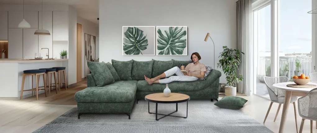 Rohová sedačka Kati, šedo-zelená látka, ľavý roh