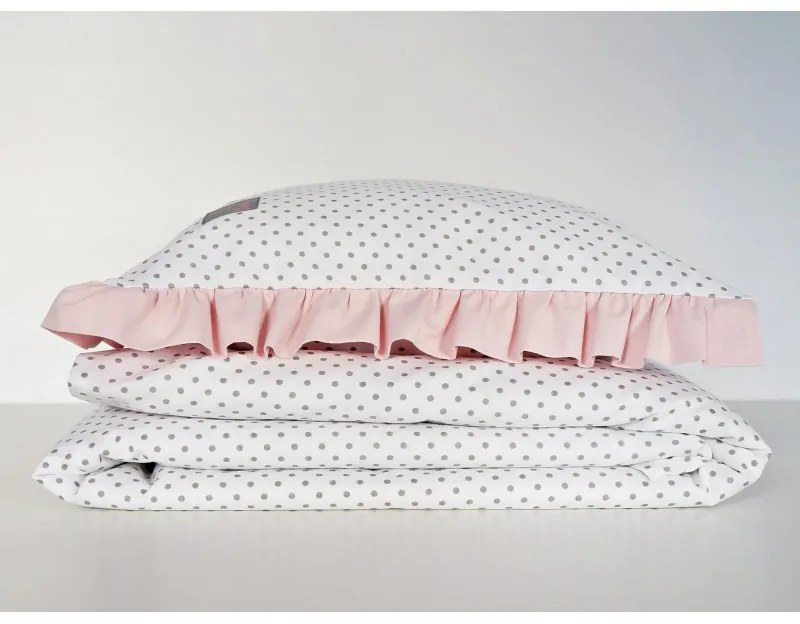 Bavlnená posteľná bielizeň biela s bodkami a púdrovo ružovým volánikom