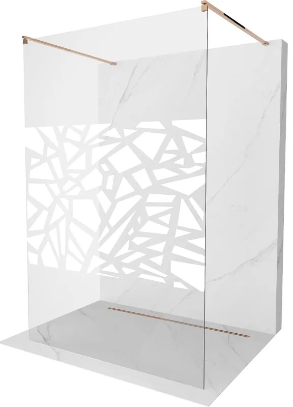 Mexen Kioto, priechodná sprchová zástena 100 x 200 cm, 8mm sklo číre s bielym vzorom, 2x zlatá stabilizačná rozpera, profil ružové zlato, 800-100-002-60-85