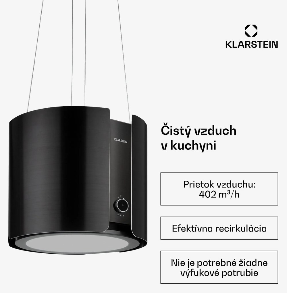 Klarstein Skyfall, digestor, 45 cm, ostrovčekový, 402 m³/h, LED, nehrdzavejúca oceľ, čierny