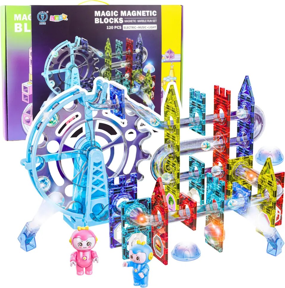 LEAN Toys Magnetické priestorové kocky, guľôčková dráha, postavičky, svietiace, 120 ks.