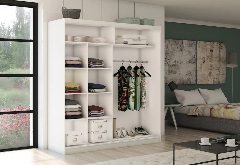 Skriňa s posuvnými dverami a zrkadlom TANNA + Tichý dojazd, biela, 150x216x61