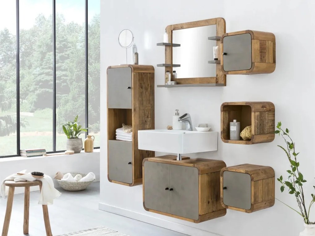 furniture-nabytek.cz - Masívna sada kúpeľňového nábytku Dingle z recyklovanej borovice a MDF, lakovaná, prírodná / sivá