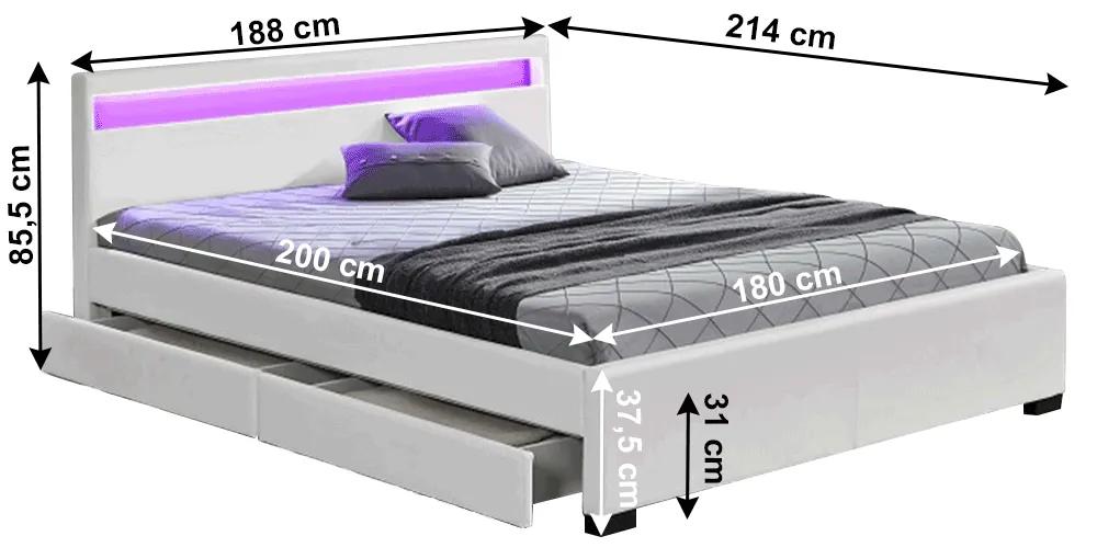 Tempo Kondela Manželská posteľ, RGB LED osvetlenie, biela ekokoža, 180x200, CLARETA