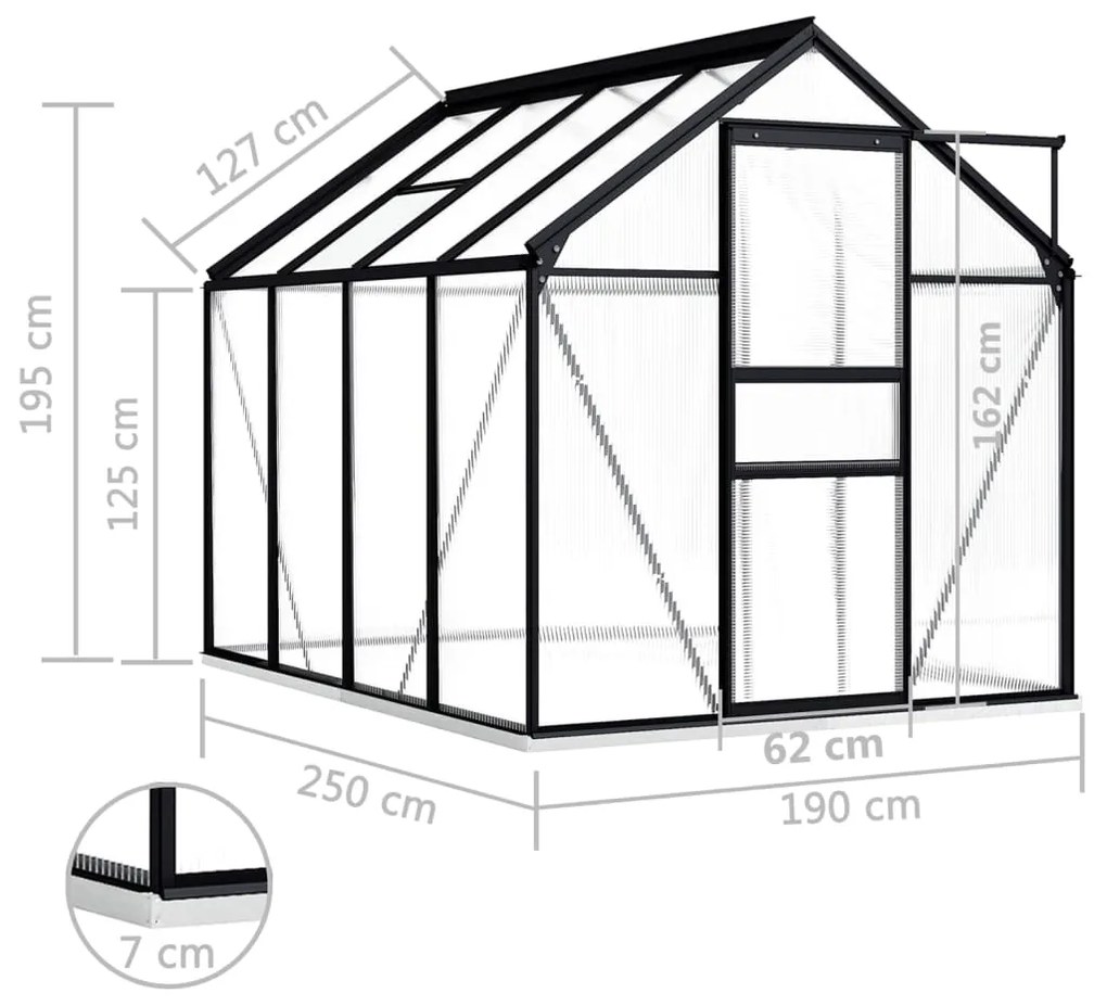 Skleník s podkladovým rámom, antracitový, hliník 4,75 m²