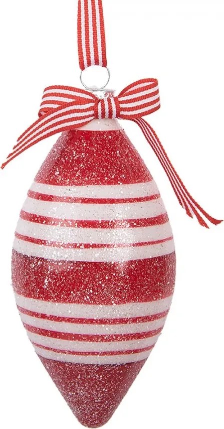 Červenobiela pruhovaná sklenená ozdoba špicatá banka - Ø 6*12 cm