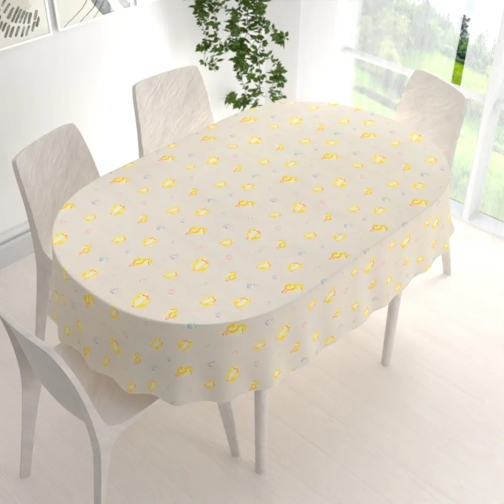 Biante Veľkonočný teflónový oválny obrus TF-074 Kuriatka a kraslice na béžovom 60x100 cm