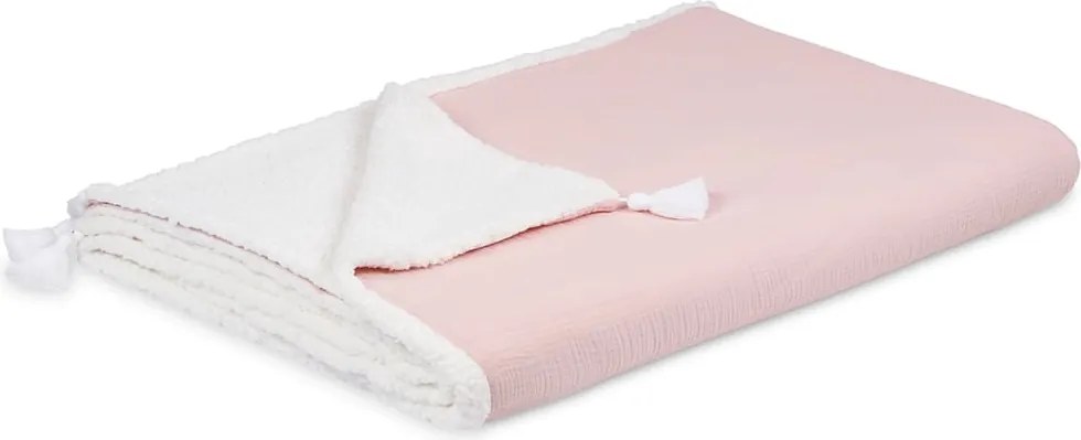 Obojstranný prehoz z mušelínu a umelej kožušiny ružová 140x200 cm