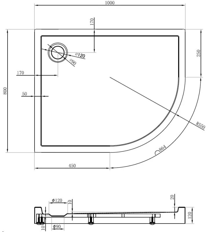 Mexen Flow+, štvrťkruhová asymetrická sprchová vanička, ľavá, 100 x 80 cm, čierna matná, 46Q708010LH