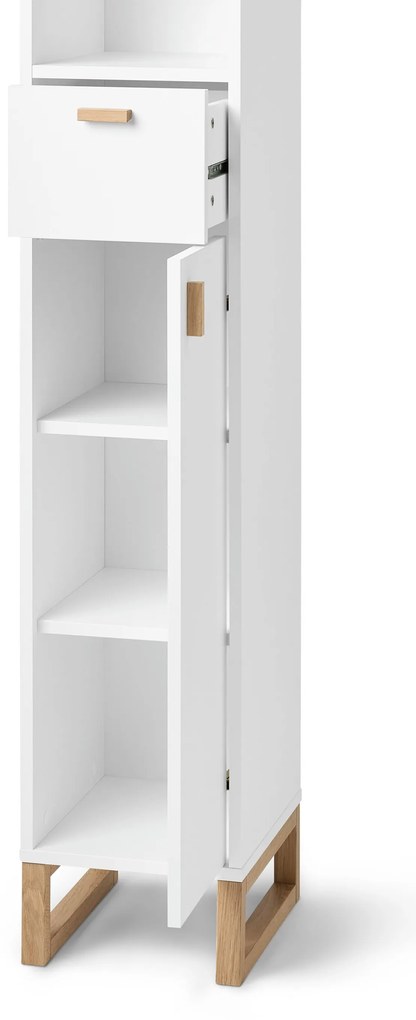 Vysoká kúpeľňová skrinka s otvorenou poličkou, zásuvkou a dvierkami, úzka