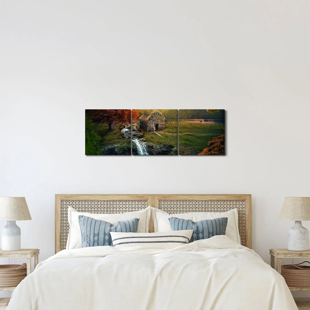 Obraz Chalupku v rozprávkovej krajine (s hodinami) (90x30 cm)