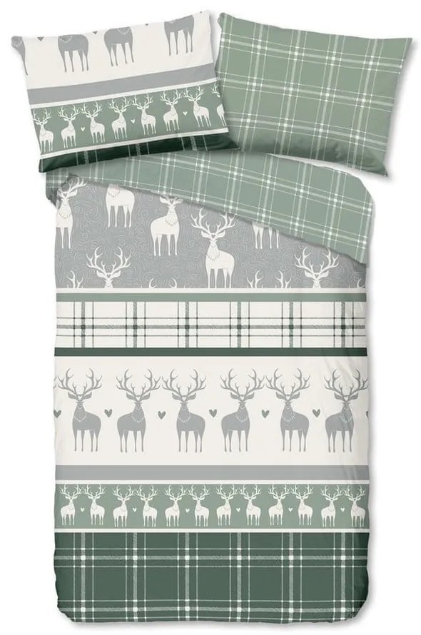 Zeleno-krémové flanelové obliečky na jednolôžko 140x200 cm Bjirk – Good Morning