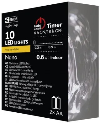 Led vianočná nano reťaz medená,0,9m, 2× aa, teplá b., čas.