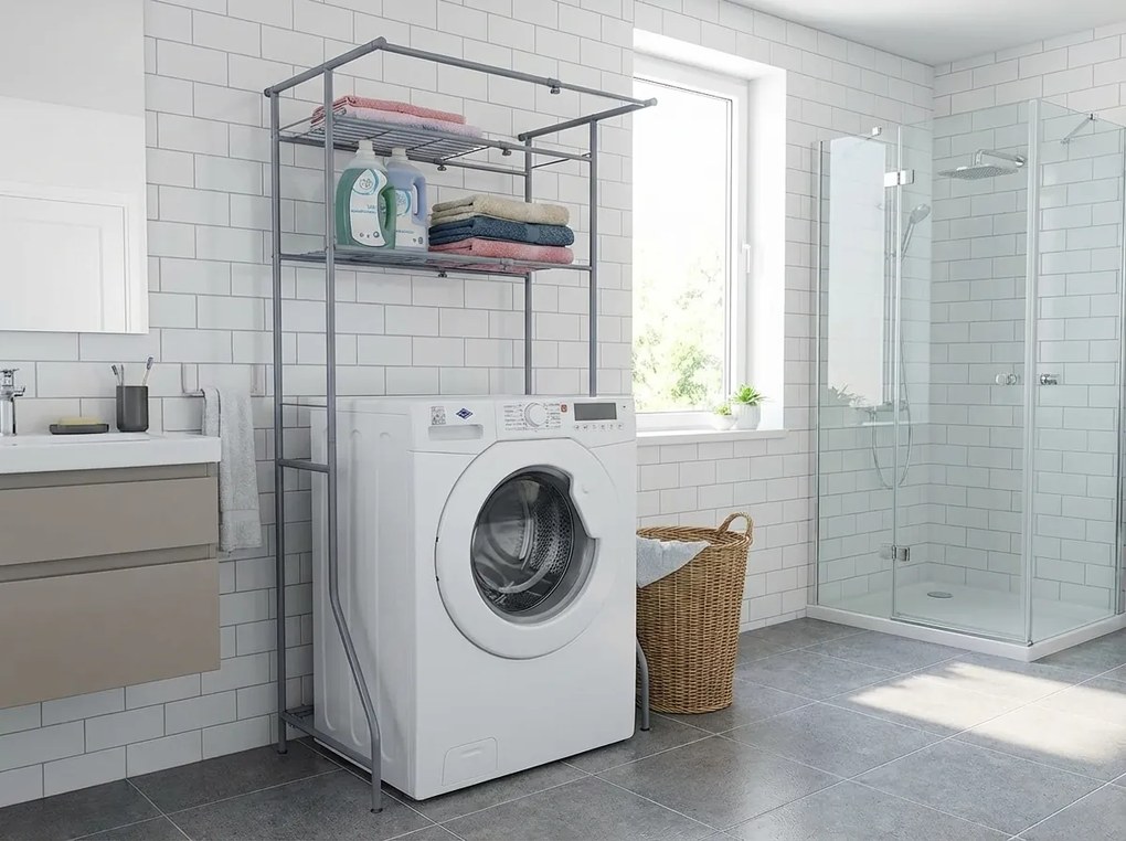 Kovový kúpeľňový regál nad práčku FIXANO 170x60-90 cm, sivá